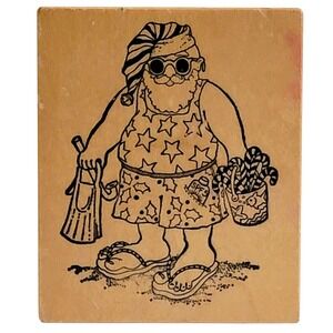 VTG 80s PSX Summer Santa‎ Rubber Stamp Christmas Beach Wood Mounted 2.25"x2.75"